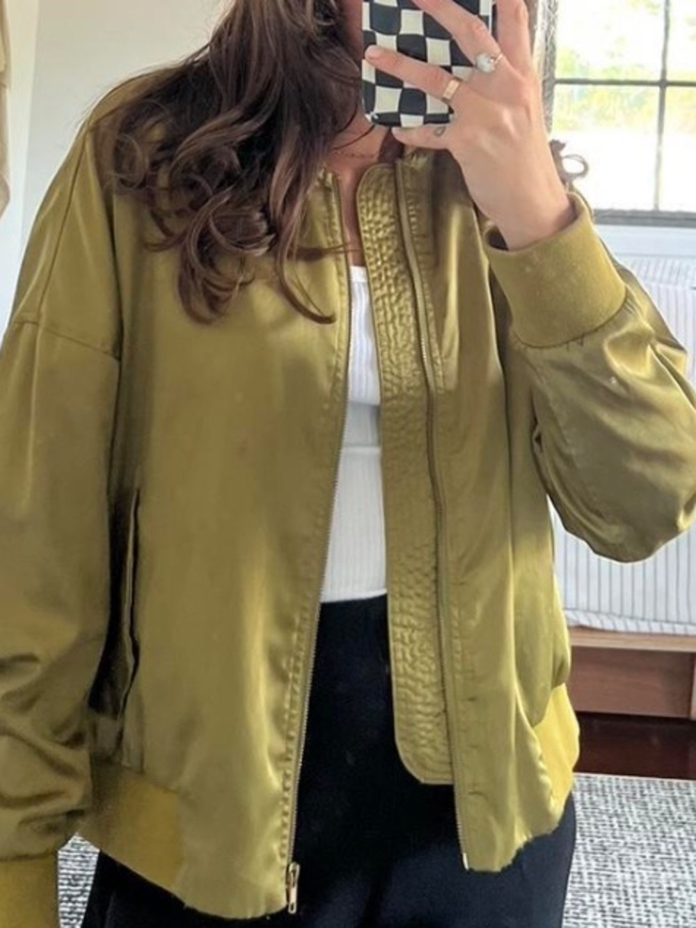 Neuw Olive Green Satin Zip-Up Bomber Jacket Size 10/M